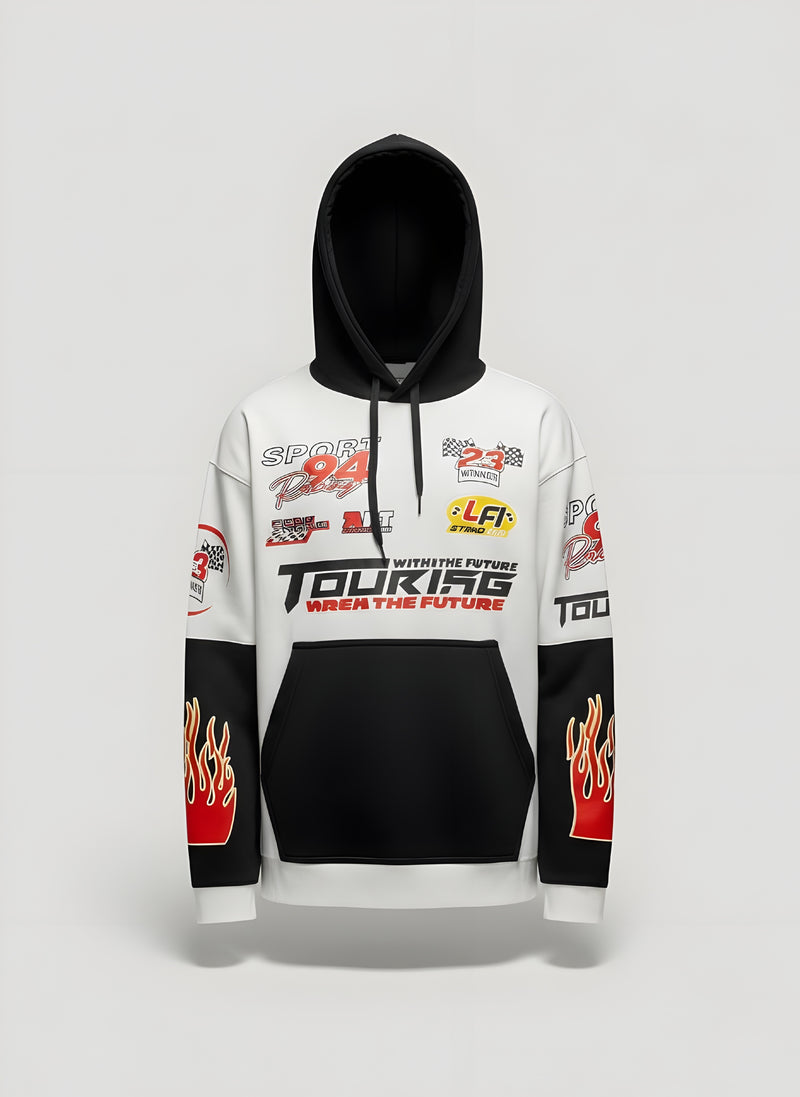 Racing Patchwork Hoodie | Motorsport Graphic All-Over Print Oversized Pk
