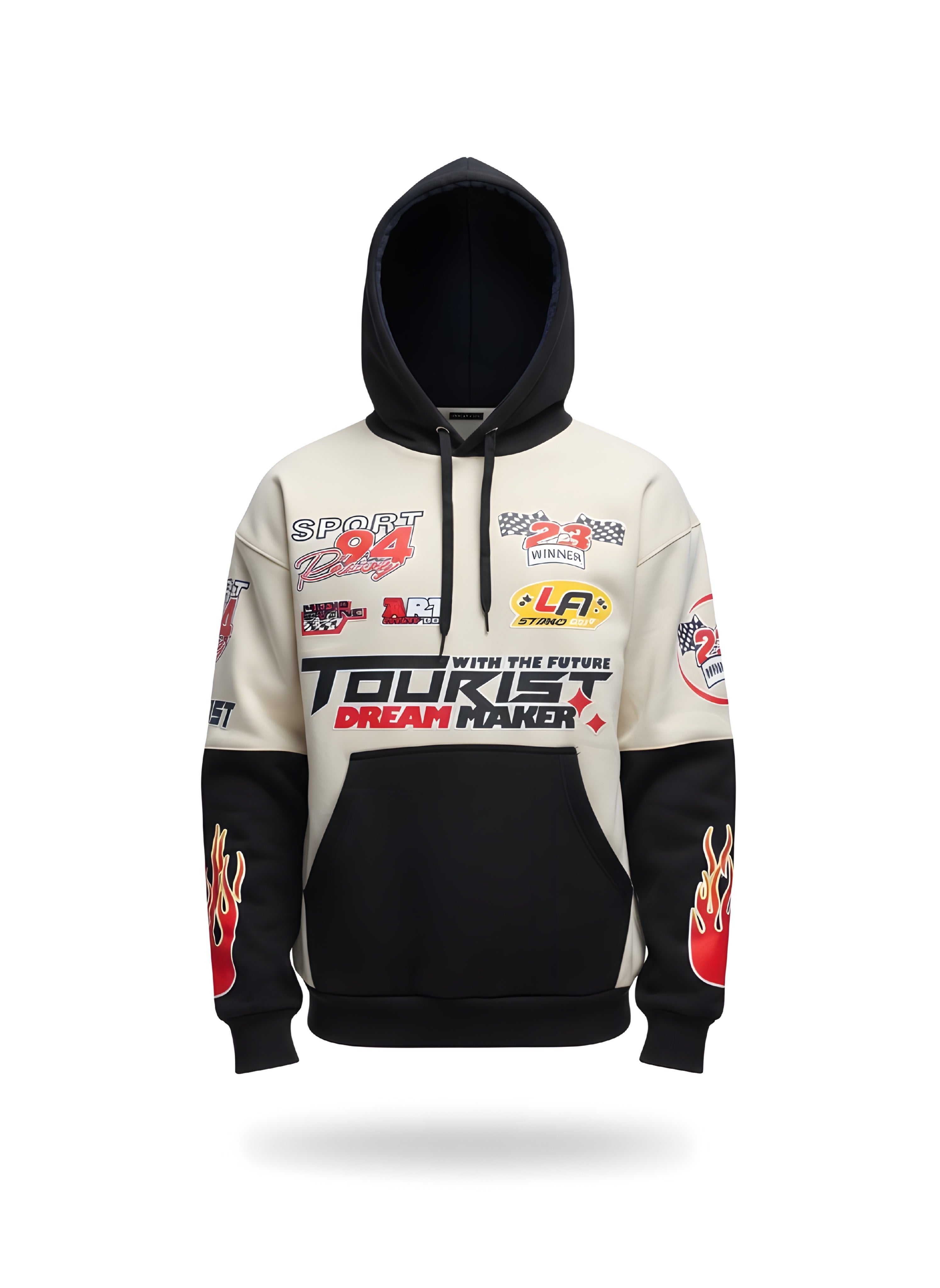 Cream Black Racing Patchwork Hoodie | Motorsport Graphic All-Over Print Oversized Pk