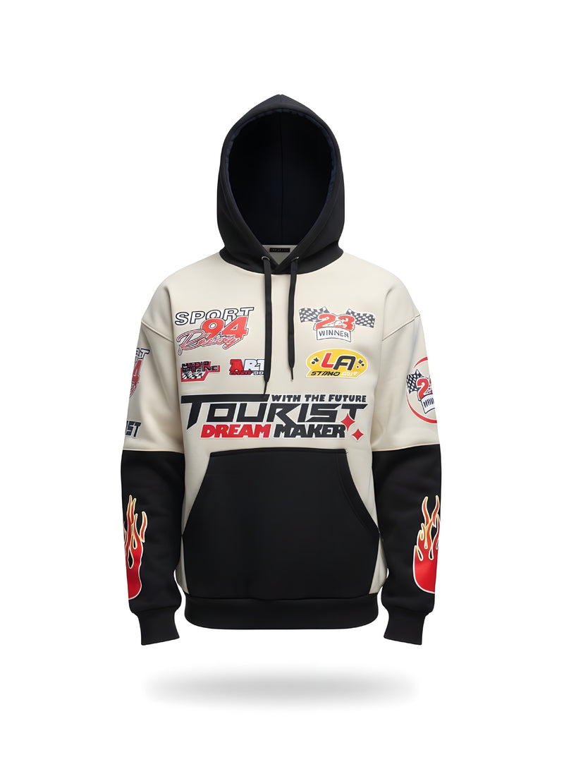 Cream Black Racing Patchwork Hoodie | Motorsport Graphic All-Over Print Oversized Pk
