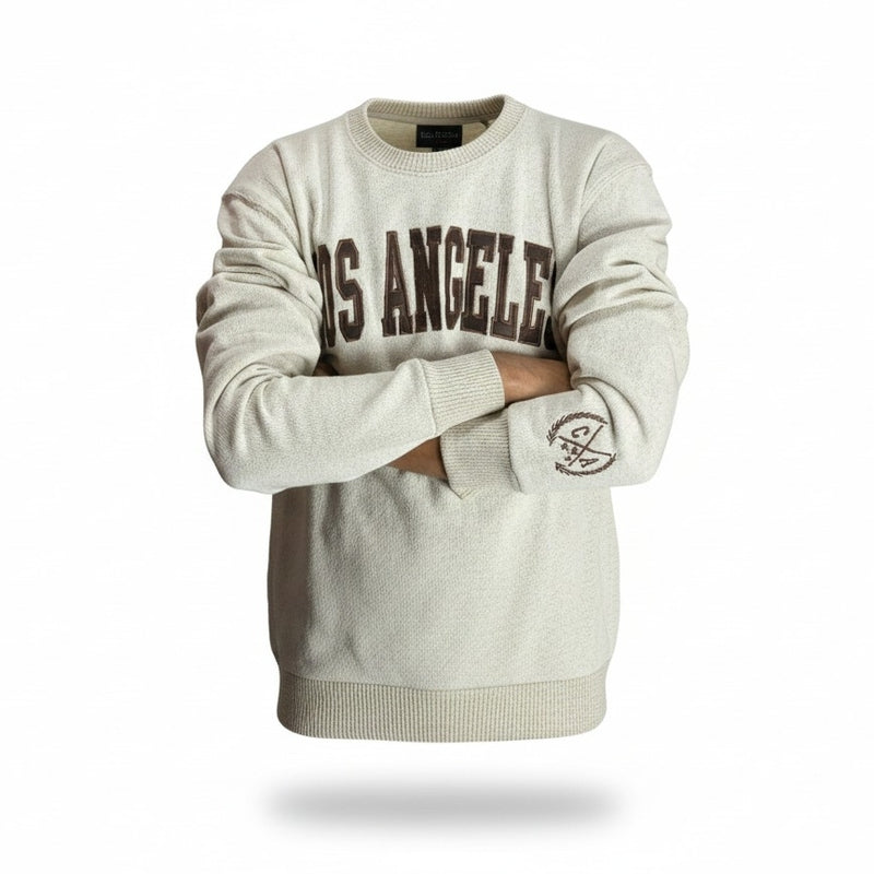Los Angeles Crewneck Sweater | Collegiate Block Font Pullover Off White Pk