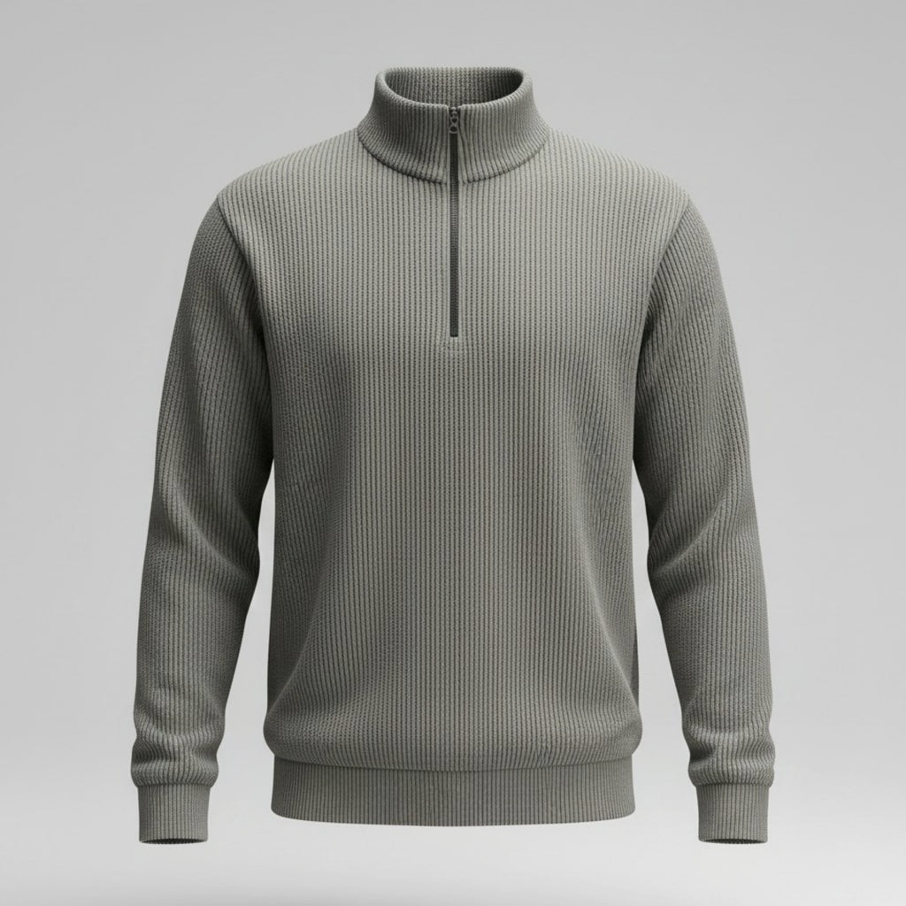 Grey Ribbed Quarter-Zip Sweater | High Neck Knit Pullover Smart Casual Pk