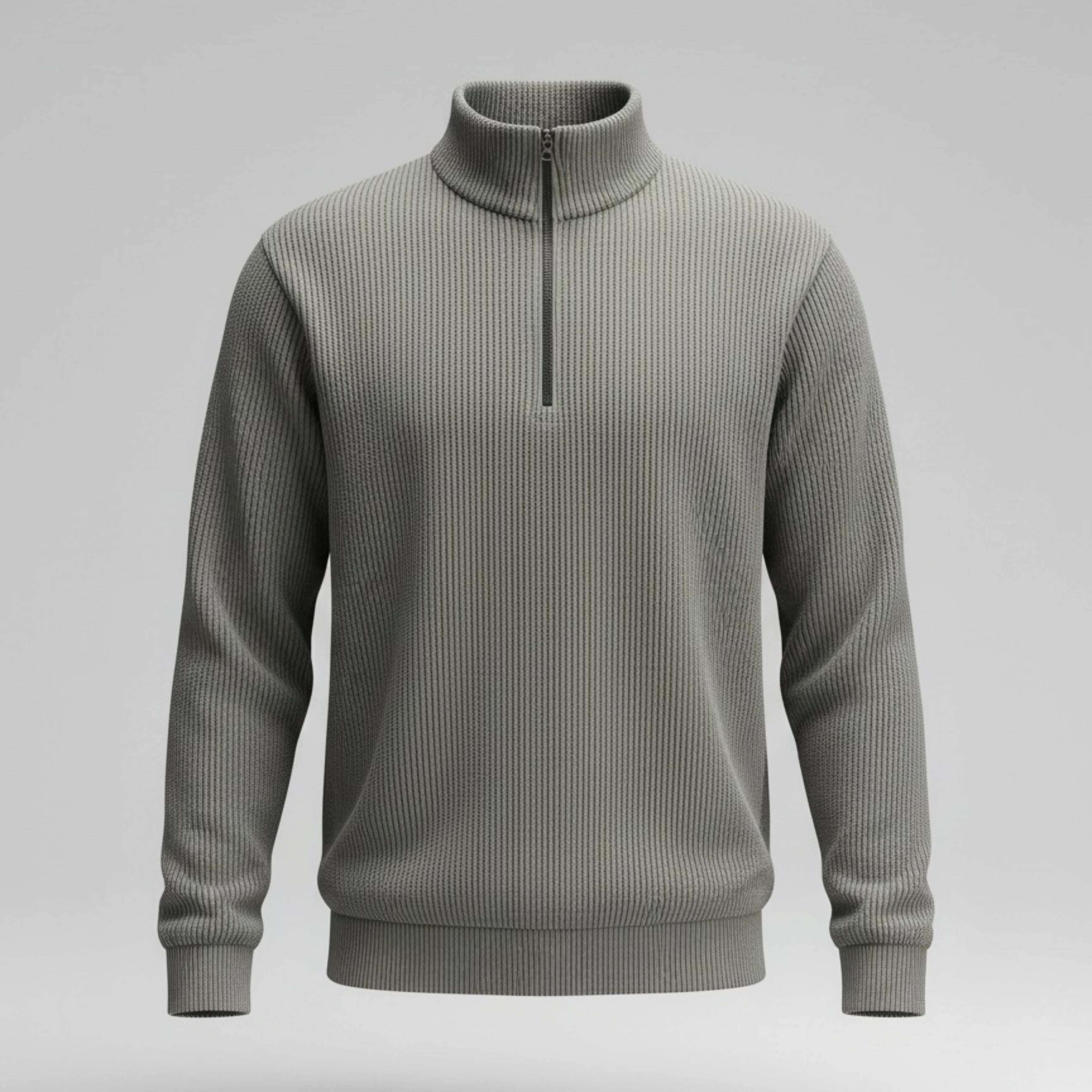 Grey Ribbed Quarter-Zip Sweater | High Neck Knit Pullover Smart Casual Pk