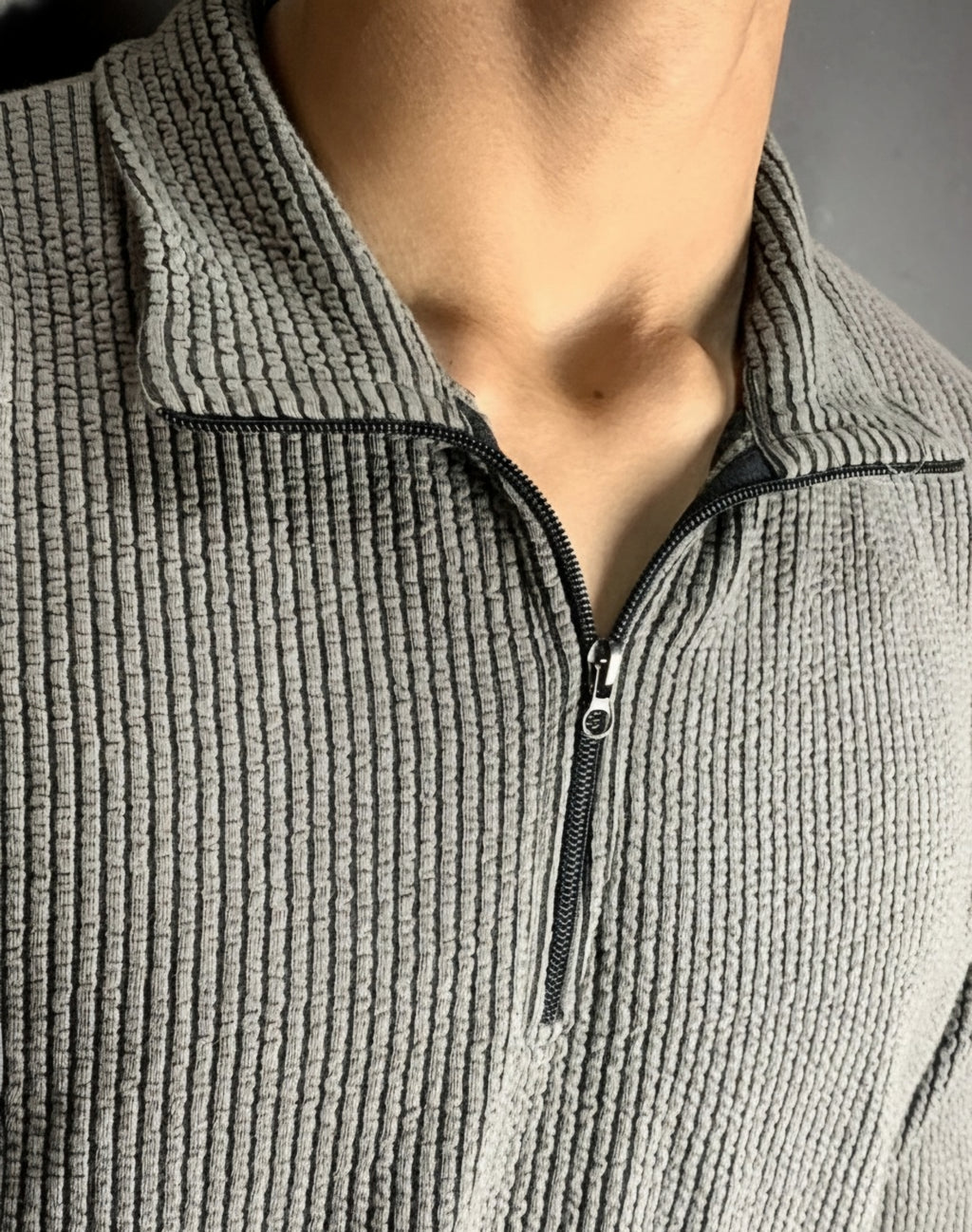 Grey Ribbed Quarter-Zip Sweater | High Neck Knit Pullover Smart Casual Pk