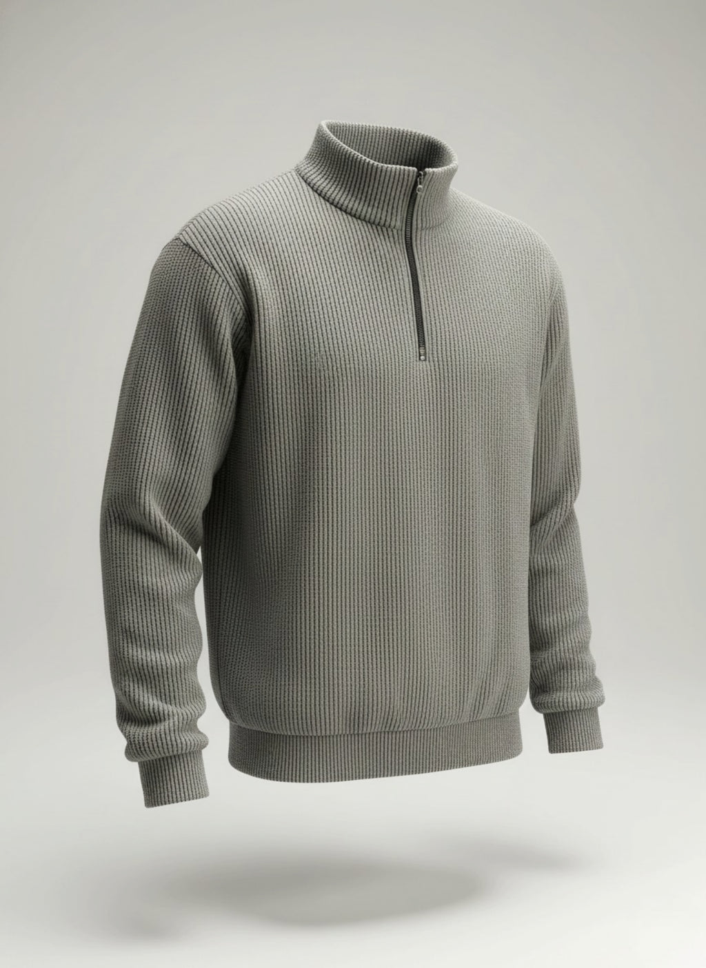 Grey Ribbed Quarter-Zip Sweater | High Neck Knit Pullover Smart Casual Pk