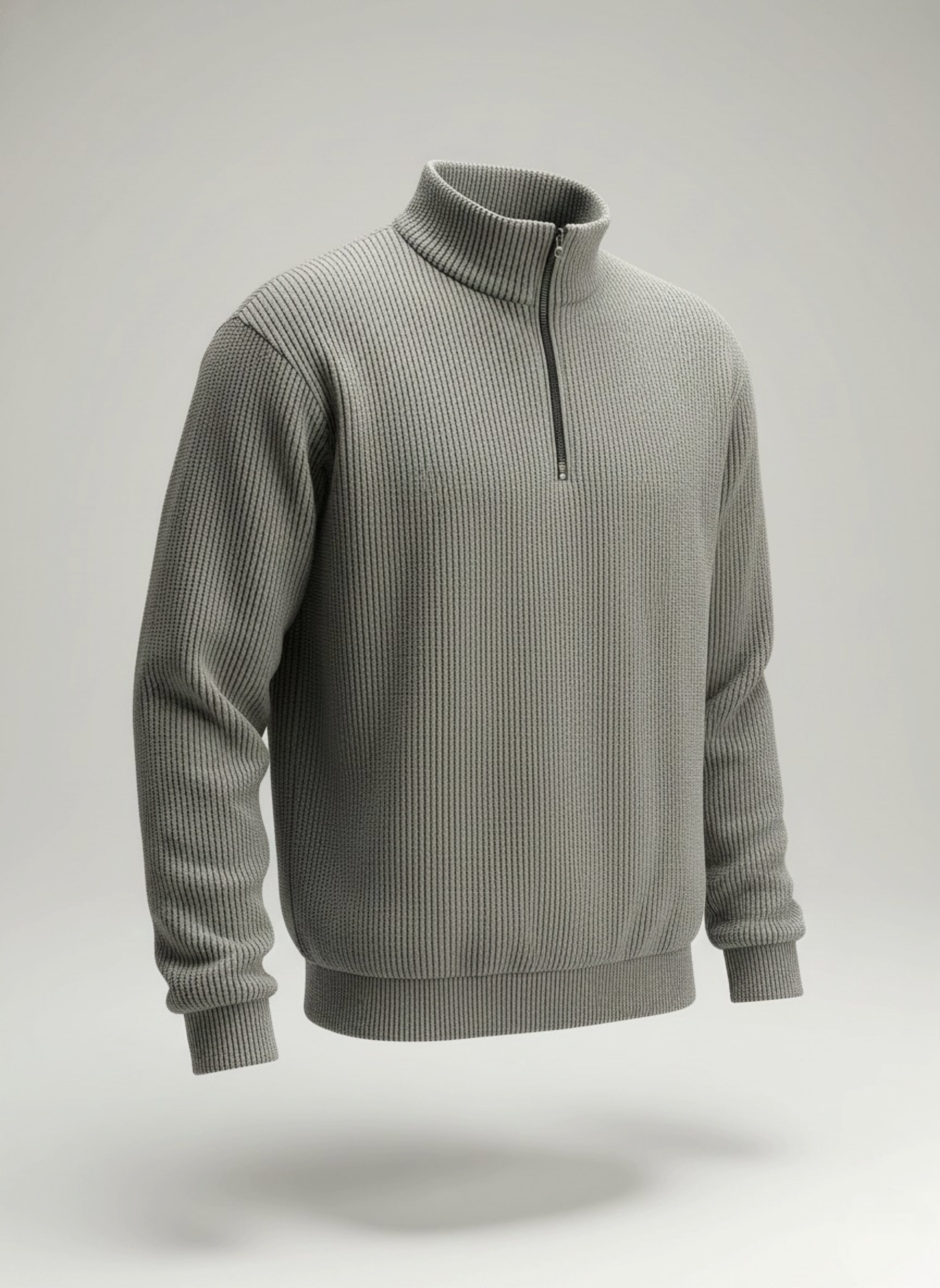 Grey Ribbed Quarter-Zip Sweater | High Neck Knit Pullover Smart Casual Pk