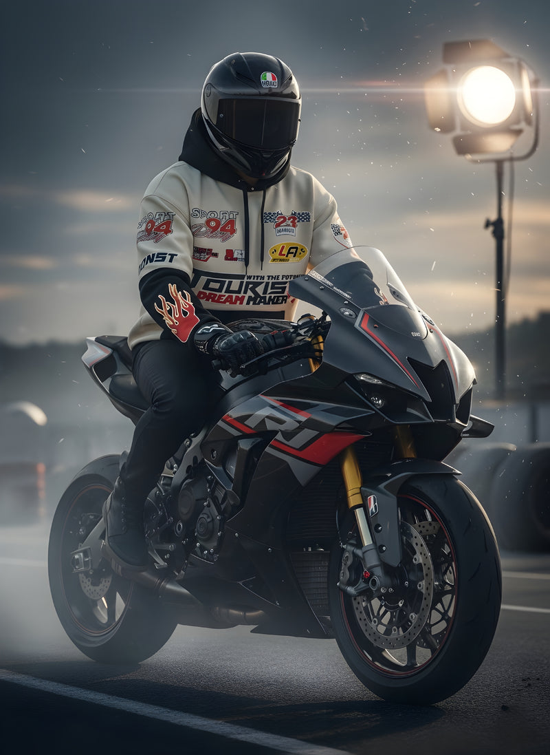 Cream Black Racing Patchwork Hoodie | Motorsport Graphic All-Over Print Oversized Pk